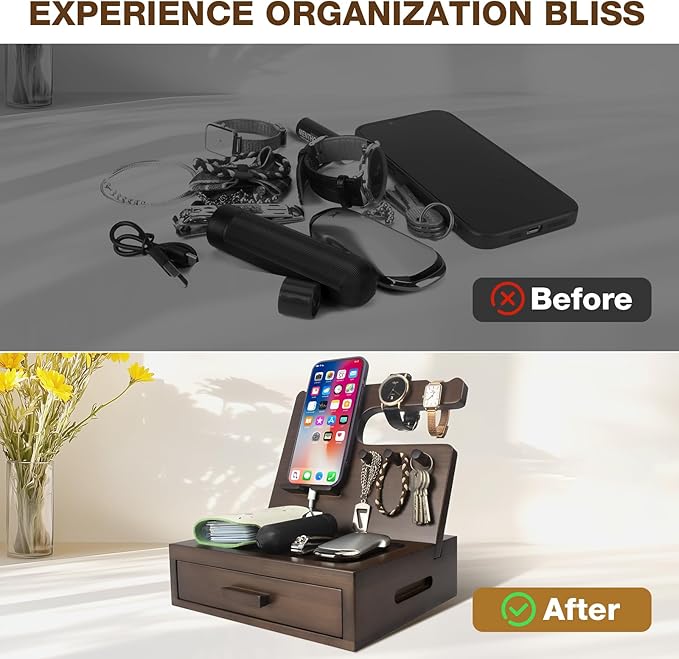 Solid Wood Nightstand Organizer, Docking Station, Gifts for Men, Made of Cedar, Versatile Bedside Table Organizer for Cellphone, Watch, Headphone, Keys, Dark Walnut-Ruum Studio Home