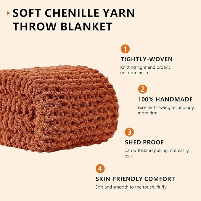 L'AGRATY Chunky Knit Blanket Throw: 60''x80'' Chenille Chunky Knitted Throw Blanket for Bed Couch - Handmade Thick Big Cable Knit Blanket - Large Crochet Rope Blanket for Home Decor(Rusty Orange)-Ruum Studio Home