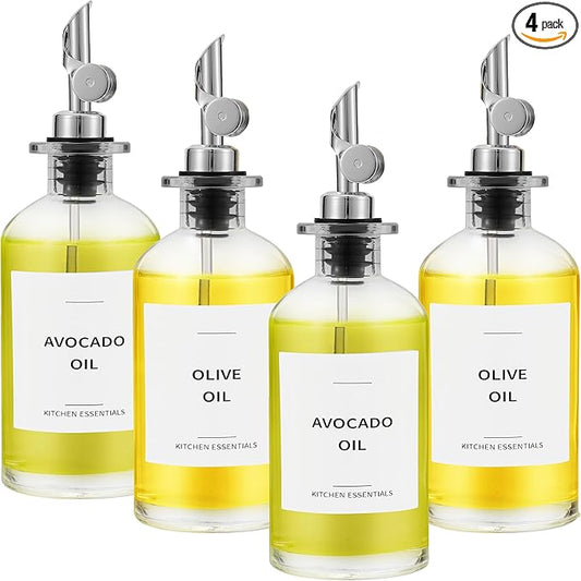 Olive Oil Dispenser Bottle - Includes 55 Kitchen Essential Labels - Cooking Oil Bottles for Kitchen, Coffee Syrup Dispenser - Pourer Spout with 11.8 fl oz Glass Container Cruet - 4pcs Silver-Ruum Studio Home