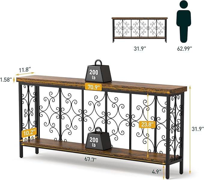 ikkle 70.9" Extra Long Console Table, Industrial Narrow Sofa Table Behind Couch with 2 Tier Storage Shelf, Entryway Hallway Accent Table for Living Room, Foyer, Rustic Brown-Ruum Studio Home