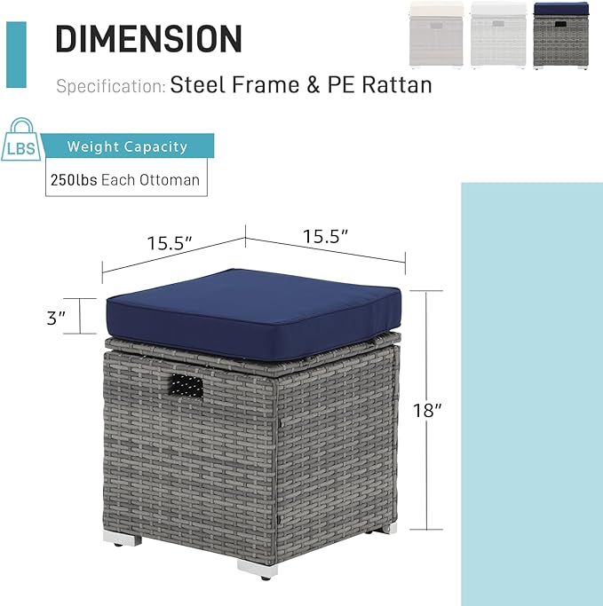 Patiorama 2 Piece Outdoor Patio Ottomans,All-Weather Grey PE Rattan Wicker Ottoman with Storage,Outdoor Footrest Footstool Seat w/Thick Cushion,Built-in Handle for Backyard Poolside Porch (Navy Blue)-Ruum Studio Home