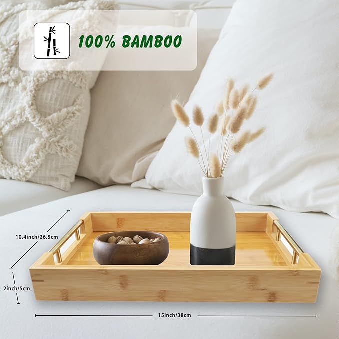Bamboo Wood Serving Tray with Gold Polished Metal Handles, Decorative Tray Platter Coffee Table Tray Rectangular Wooden Breakfast Tray for Ottoman, Kitchen, Bedroom, Lap &Couch - 15x10.4 Inch-Ruum Studio Home