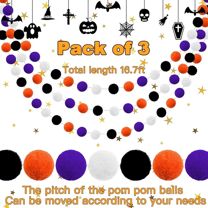 Jishi Fall Event Garlands, 3pk Orange Black White Felt Pom Pom Garland, 6.6ft Long, 25mm 24 Balls, Halloween Thanksgiving Party Decor-Ruum Studio Home