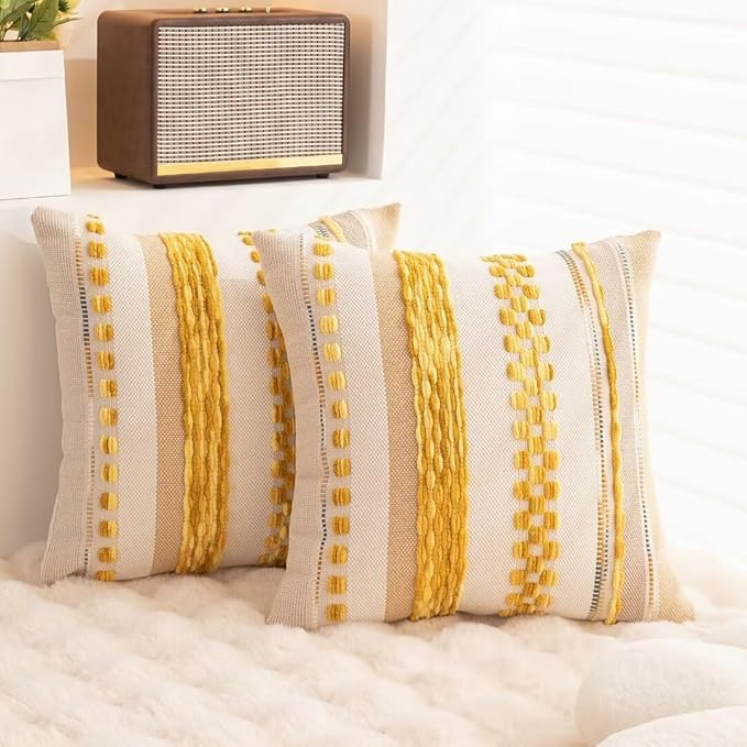 Boho Throw Pillow Covers 18x18 Set of 2 Farmhouse Decorative Cushion Case Striped Square Pillows Cover Chenille Pillow Cases Accent Neutral Pillowcase for Sofa Couch Bed,Yellow-Ruum Studio Home