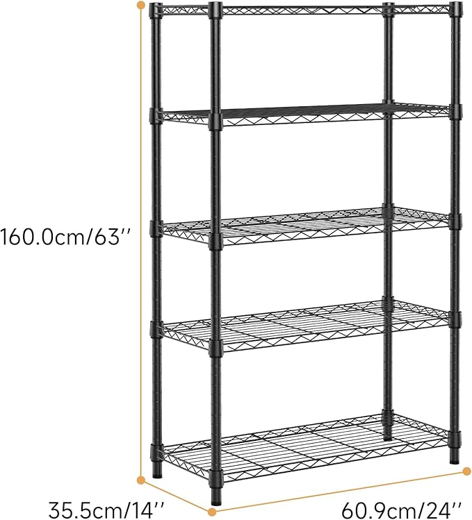 1250 lbs Storage Shelving Utility Shelving Unit 5-Tier Utility Shelving Unit Steel Organizer Wire Rack for Home,Kitchen,Office (13.7" D x 23.6" W x 62.4" H)-Ruum Studio Home