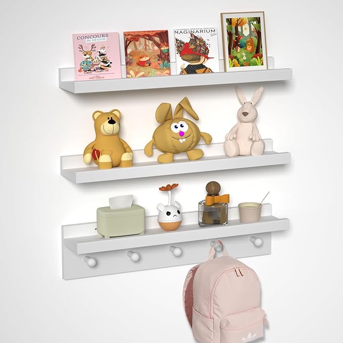 MBYD Picture Shelf Ledge, 24 Inch Floating Shelves for Wall, Nursery Book Shelves with Hooks Set of 3, Floating Shelf Wall Mounted for Bathroom,Kids Room, Living Room, Kitchen Bedroom White-Ruum Studio Home