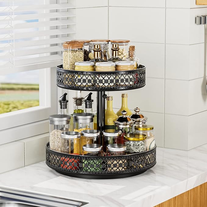 Lazy Susan Organizer 2 Tier - Turntable Spice Rack 12 inch Adjustable Metal Rotating Lazy Susan for Cabinet Pantry Kitchen Countertop Dining Table Cupboard Bathroom Vanity Storage Black-Ruum Studio Home