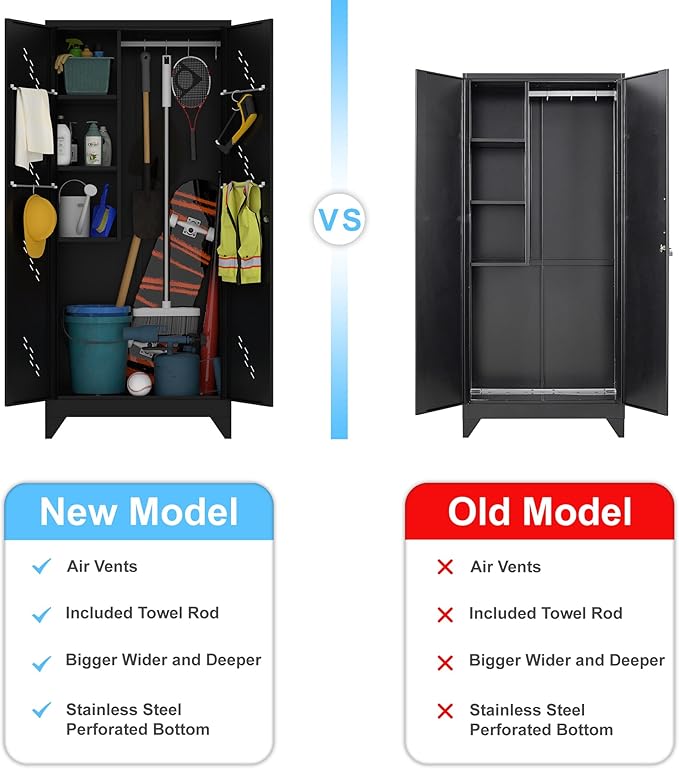 Metal Storage Cabinet with Lock Door, 75" Tall Garage Storage Cabinet with Hanging Rod, Broom Closet Bathroom Storage Cabinet, Cleaning Tool Cabinet-Ruum Studio Home