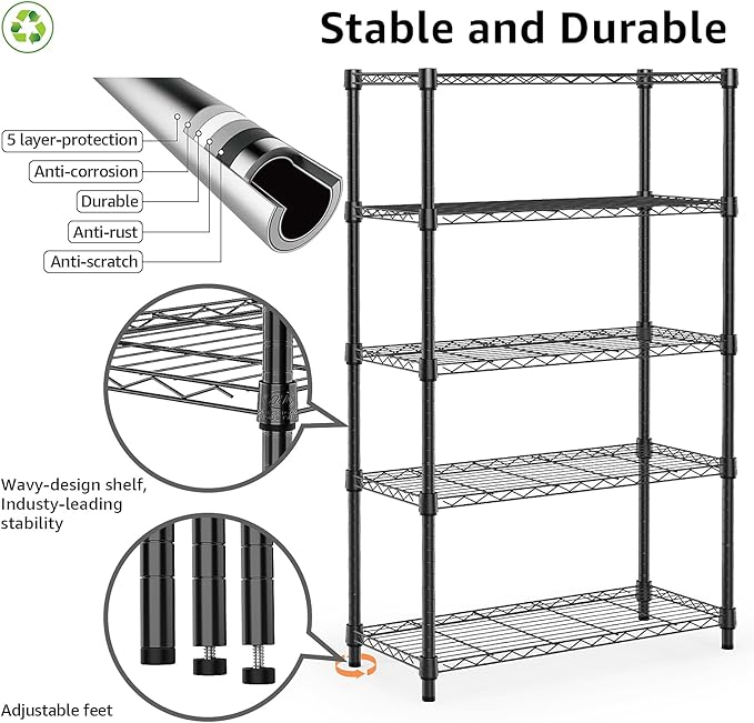 1250 lbs Storage Shelving Utility Shelving Unit 5-Tier Utility Shelving Unit Steel Organizer Wire Rack for Home,Kitchen,Office (13.7" D x 23.6" W x 62.4" H)-Ruum Studio Home