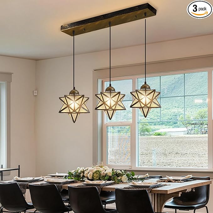 Glass Glam Chandelier 3 Lights Star Pendants Light Fixture for Dining Table Kitchen Island Modern Ceiling Hanging Lights Included LED Warm Light Bulbs Oiled Bronze-Ruum Studio Home