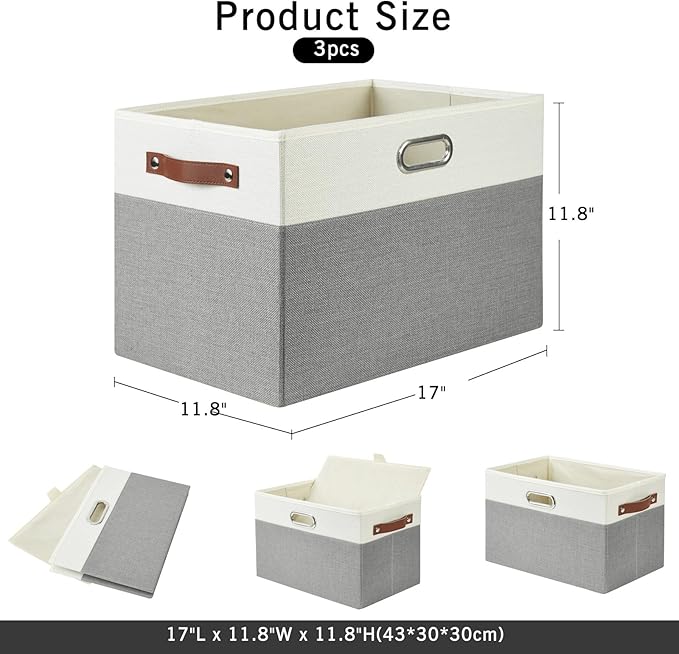 Large Collapsible Fabric Storage Bins with 3 Handles, Foldable Organizer Baskets for Closet, Shelves, Living Room | 3 Pack, Durable PU & Metal Handles (17"x11.8"x11.8", Gray & White)-Ruum Studio Home
