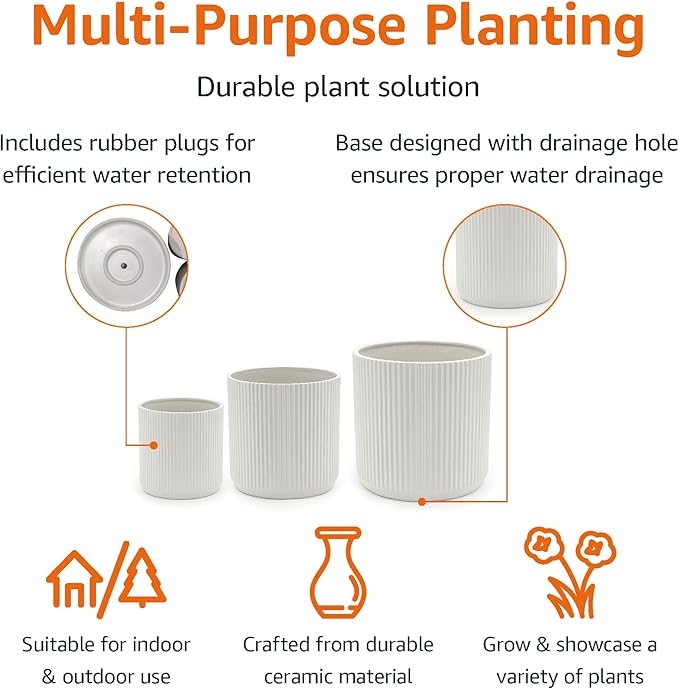 Amazon Basics Assorted Sizes Fluted Ceramic Round Indoor Outdoor Planters with Drainage, Set of 3, Modern Design, 6 inch, 8 inch, 10 inch, White-Ruum Studio Home