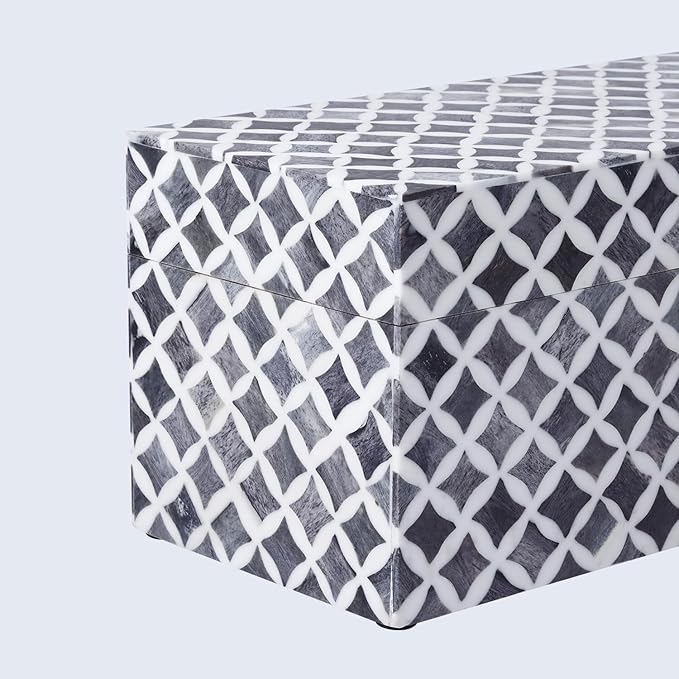 Handicrafts Home White Handmade Keepsake Organizer with Lid Decorative Storage Box- Star Pattern Collection Memories Holder for Jewelry, Photos & Cards- Home Decor Accents- Bone & Resin Inlay- 10x5x5-Ruum Studio Home