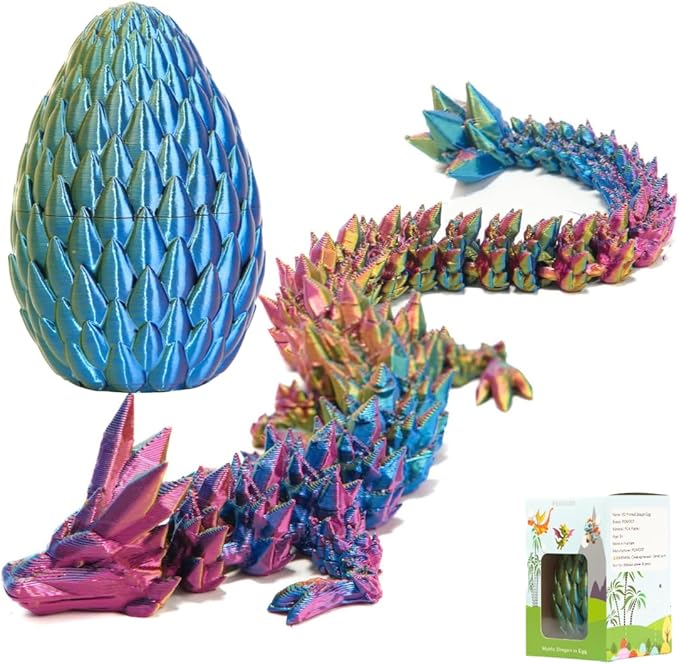 3D Printed 12” Articulated Crystal Dragon Inside 5.1” Egg – Fantasy Collectible, Fidget Toy & Stocking Easter Basket Stuffers for Home & Office Decor (Multicolor).-Ruum Studio Home