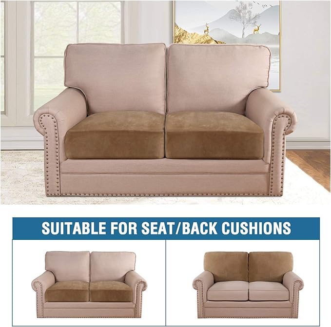 H.VERSAILTEX Velvet Stretch Couch Cushion Cover Plush Cushion Slipcover for Chair Loveseat Sofa Cushion Furniture Protector Seat Cushion Sofa Cover (2 Piece Large Sofa Cushion Covers, Camel)-Ruum Studio Home