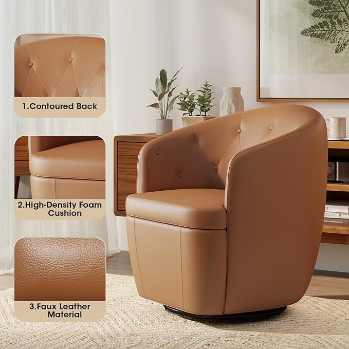 360° Swivel Leather Accent Chair, Modern Barrel Club Chair with Leather Upholstery and Sturdy Base, Comfortable Armchair for Living Room, Bedroom, Reading Nook, Brown-Ruum Studio Home