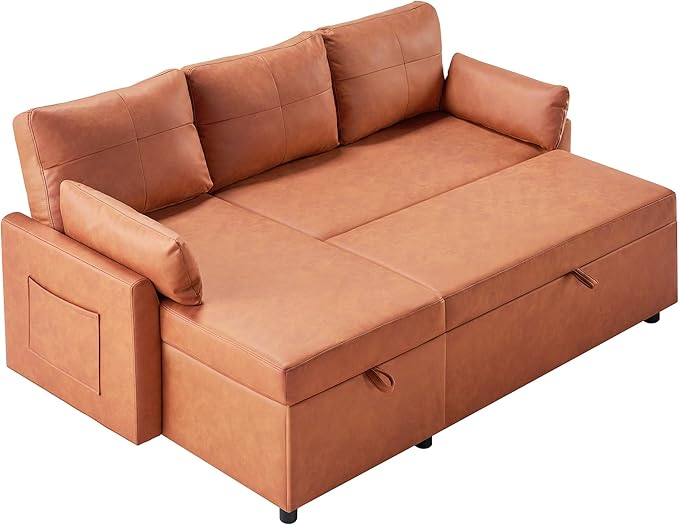 VanAcc Sleeper Sofa, Sofa Bed- 2 in 1 Pull Out Couch Bed with Storage Chaise, Sofa Sleeper Couch for Living Room, Brown Leathaire-Ruum Studio Home