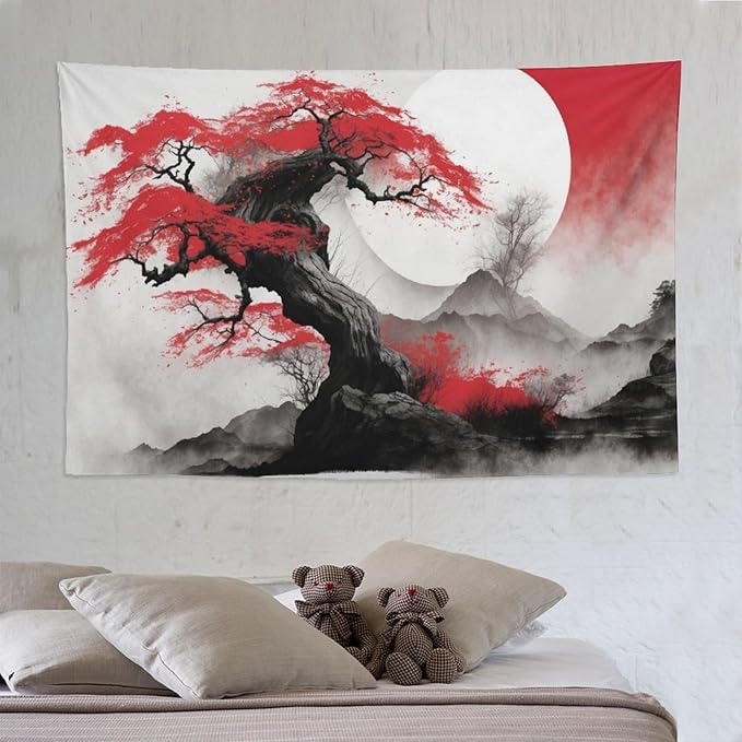 Cherry Blossoms Tapestry, Japanese Red Landscape Asian Watercolor Abstract Art, Bedroom Living Room Decor 90"x60"-Ruum Studio Home