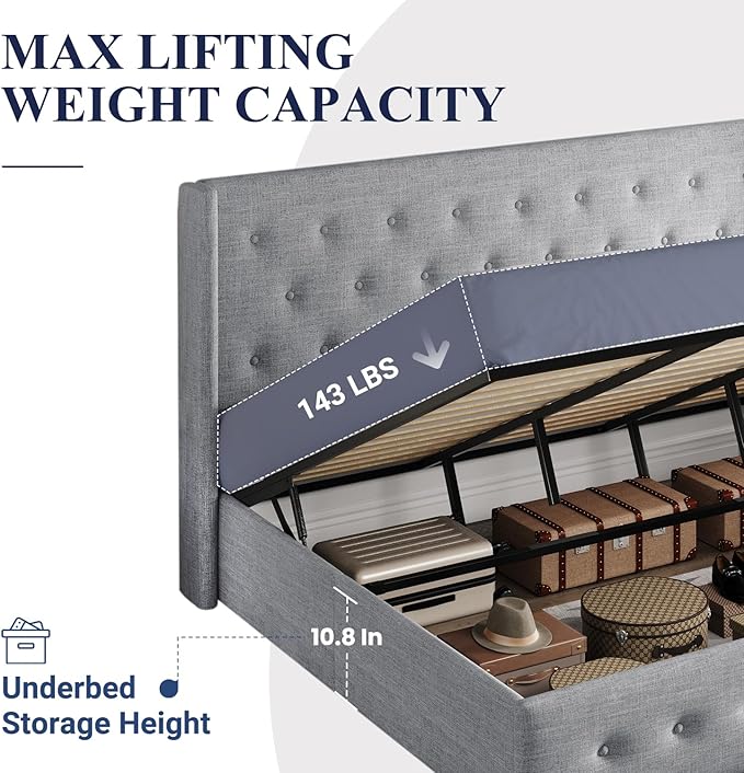 Allewie King Size Lift Up Storage Bed, Button Tufted Headboard with Wingback, Hydraulic Support, No Box Spring Needed, Light Grey-Ruum Studio Home