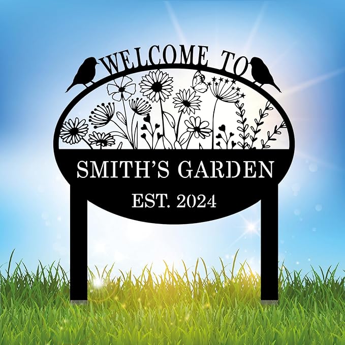 Custom Metal Flower Sign with Stakes - Personalized Garden Decor, Housewarming Gift - Large Yard Sign Plaque-Ruum Studio Home