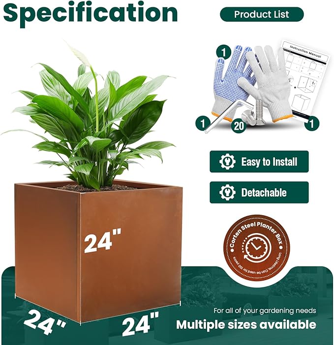 Corten Steel Planter Box Large Outdoor Planter Square Cube Planters Rustic Metal Garden Flower Pot 24 Inch Durable Antique Detached for Commercial Residential Patio Deck and Yard-Ruum Studio Home