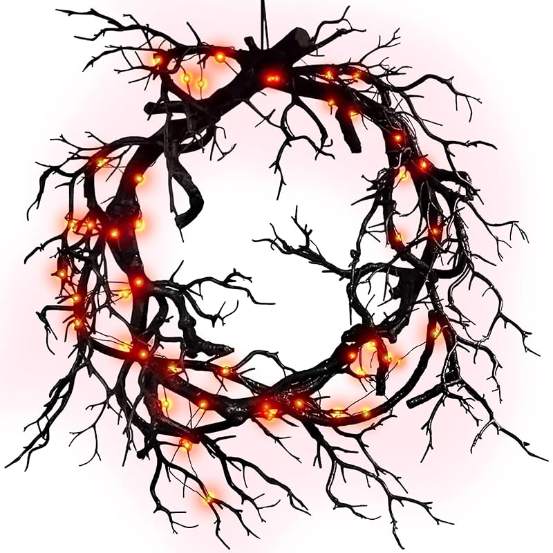 Halloween Black Branch Wreath Signs for Front Door with Red Lights,Handcrafted Halloween Horror Wreath for Indoor Outdoor Party Window Wall Decor Farmhouse Garland Yard-Ruum Studio Home