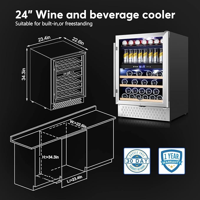 Tylza Dual Zone Wine Fridge, 24 Inch Wine and Beverage Refrigerator Built-in or Freestanding, Wine Beer Fridge Under Counter, Wine Cellar with Stainless Steel and Temperature Memory Function-Ruum Studio Home