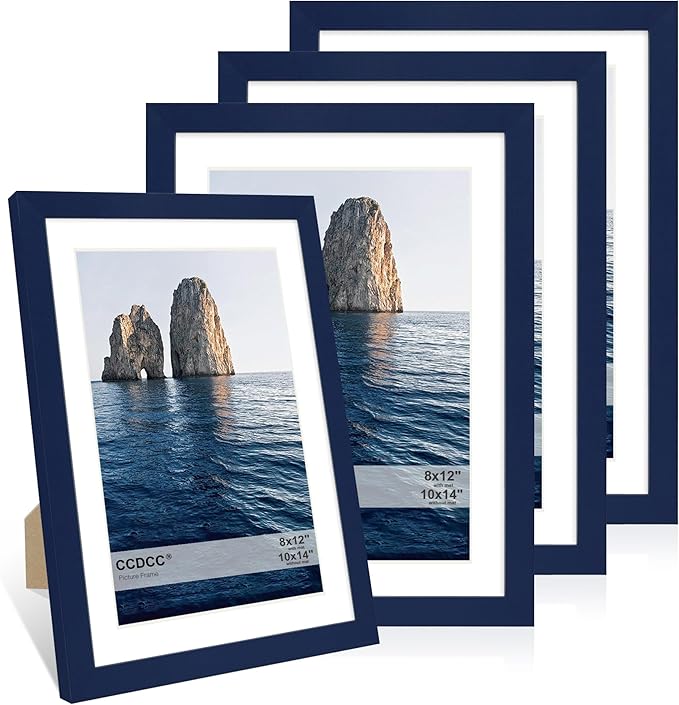 10x14 Picture Frame Set of 4, 10 x 14 Wood Photo Frames with Mat for 8x12 or 30x40cm Diamond Painting Art, Wooden Frame with Real Glass Cover for Wall and Tabletop Display,Blue-Ruum Studio Home