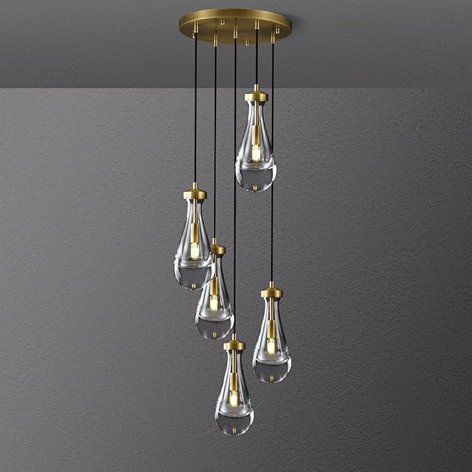 Gold 5 Light Cluster Pendant Lighting, Raindrop Chandeliers Brass Dining Room Lights Fixture, Teardrop Pendant Lights Kitchen Island, Hanging Lamp Ceiling for Entryway Foyer Staircase-Ruum Studio Home
