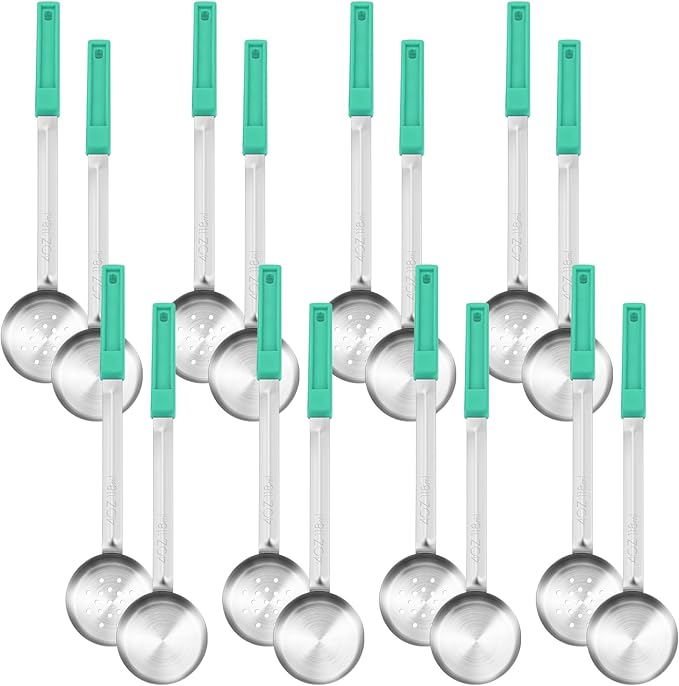 16 Pcs Portion Control Serving Spoons, Restaurant Measuring Serving Ladle Utensils, Portion Control Slotted Scoops for Weight Loss, Solid and Perforated Scoops(Green,4 oz)-Ruum Studio Home