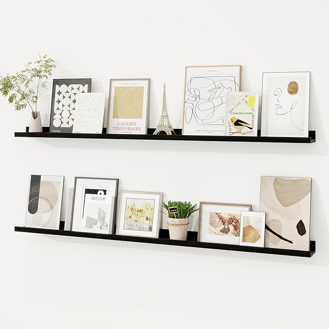 Picture Ledge Shelf, Solid Pine Wood Floating Shelves Set of 2, 48 Inches Nursery Book Shelves for Toys Storage, Kids Bookshelf Wall Mounted for Living Room Bedroom Decor Books Photo Frames, Black-Ruum Studio Home