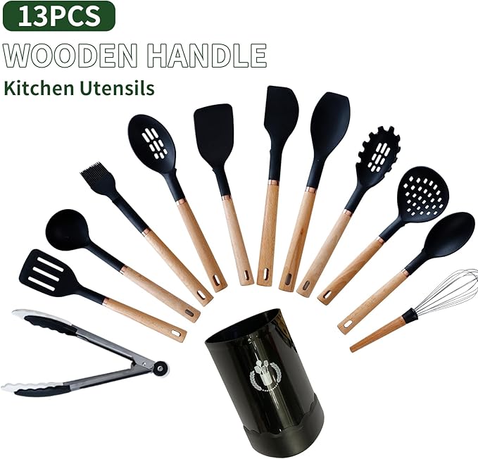 13-Piece silicone utensil set wood handle nonstick cookware safe dishwasher safe kitchen tools BPA free heat resistant (450°F/230°C) ceramic pan safe cooking gifts housewarming (Black)-Ruum Studio Home