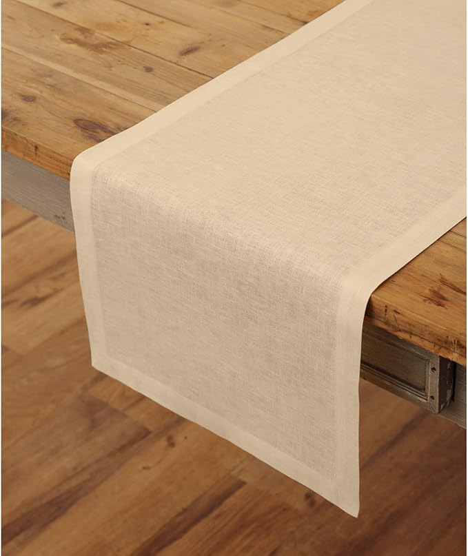Solino Home Linen Beige Table Runner 60 Inches - 100% Pure Linen Small Table Runner 14 x 60 Inch Ideal for Dresser and Coffee Tables - Fall, Autumn, Thanksgiving - Fete-Ruum Studio Home