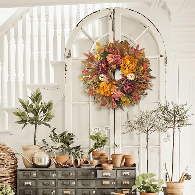 WANNA-CUL 24 Inch Fall Wreaths for Front Door with Hydrangea,Peony and White Pumpkins-Fall Decorations for Home, Fall Door Wreath Decor for Autumn,Harvest, Halloween or Thanksgiving-Ruum Studio Home