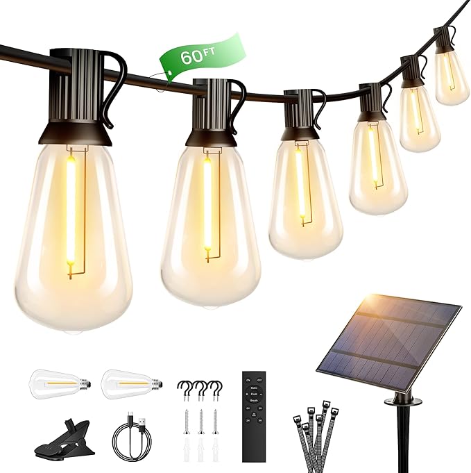OHLUX 60FT Solar Globe String Lights Outdoor, Shatterproof Solar Patio Lights with Remote, 27 Dimmable ST38 LED Filament Bulbs, 2200K Soft Warm White Edison Hanging Light for Outside Canopy Deck-Ruum Studio Home