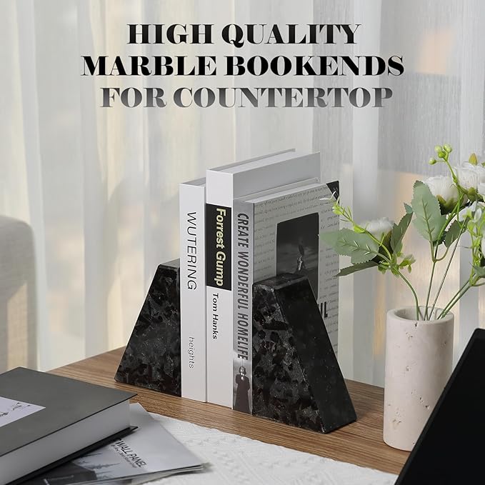 Marble Bookend for Heavy Books, Decorative Bookends for Shelves, Durable and Heavy-Duty Book End for Hardback Book & CDS, Unique Book Stopper & Holder, Meteorus, Set of 2-Ruum Studio Home