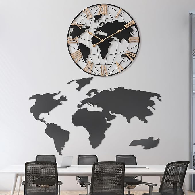 36 Inch Extra Giant Oversized Black Metal Wall Clock,Large Modern Decorative Silent World Map Wall Clock with Vintage Gold Roman Numeral for Living Room,Entrance Fireplace,Dining Room Decor-Ruum Studio Home