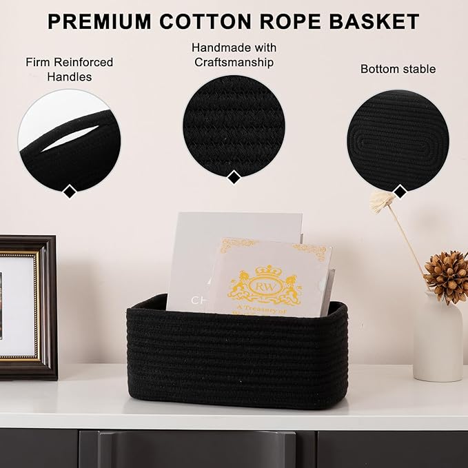 4 Pack Small Storage Shelf Baskets for Organizing, Mini Woven Rope Storage Bins for Towels, Cute Decorative Closet Organizer，Baby Nursery, Gift Empty Baskets -11.81''Lx7.87''Wx4.72''H-Black-Ruum Studio Home