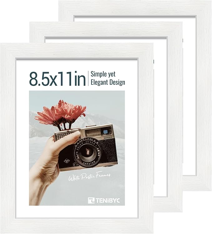 8.5x11 Picture Frame Set of 3 - White Woodgrain, Solid Wood & HD Tempered Glass, Table Display or Wall Hanging-Ruum Studio Home