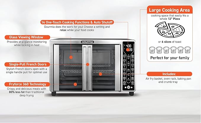 Gourmia Toaster Oven Air Fryer Combo 17 cooking presets 1700W french door digital air fryer oven 24L capacity accessories, convection rack, baking pan tray recipe book GTF7655,Large,Stainless Steel-Ruum Studio Home