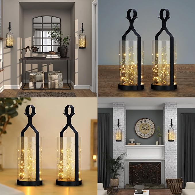 Metal Wall Sconce 35 Led Lantern Set of 2 - Black Wall Mounted Hanging Holder with Glass & Candles Vintage Wall Decor for Porch, Living Room, Dining Room, Bedroom Indoor Decor-Ruum Studio Home