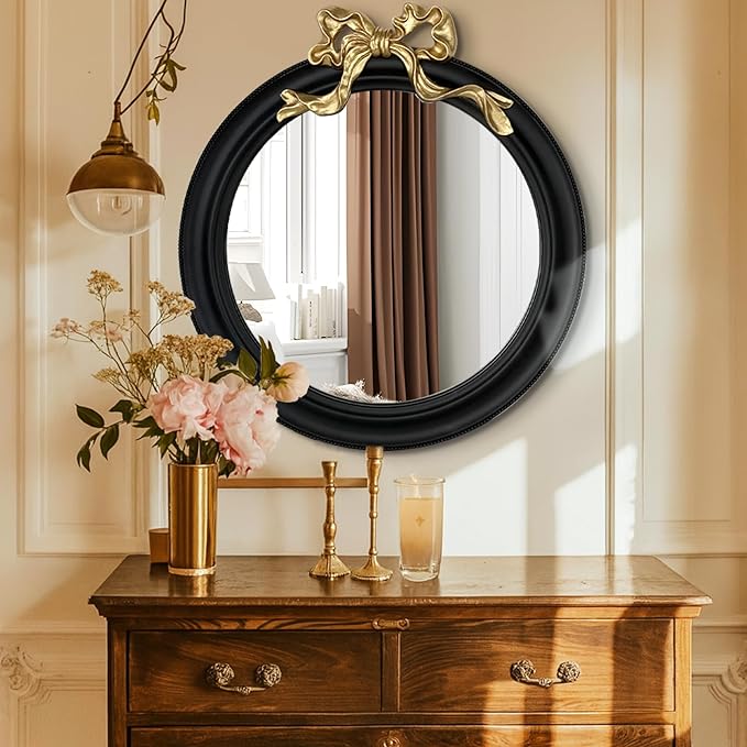 25x25 inch Bow Antique Round Mirror for Wall, Gold & Black Decorative Wall-Mounted Circle Mirror, Perfect for Bedroom, Hallway, Living Room Décor, and Bathroom Vanity-Ruum Studio Home