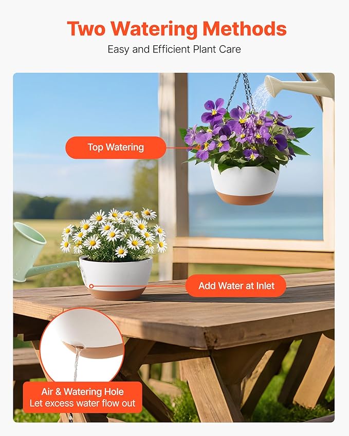 VEVOR Hanging Planters, 10 Inch Self-Watering Hanging Planter, 2 Pack Flower Pots with Drainage Hole & 2 Kinds of Plant Hangers, Plastic Basket Pots, for Garden Home Decor, Indoor & Outdoor Plants-Ruum Studio Home