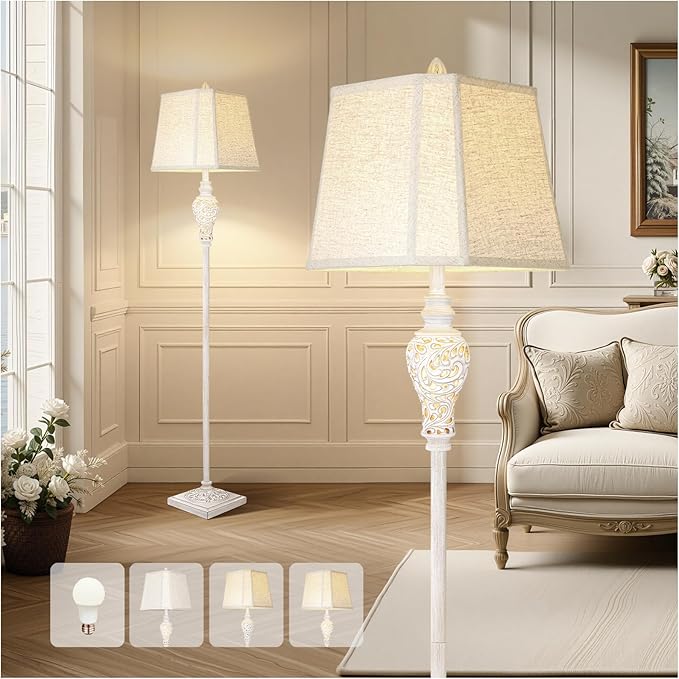 Floor Lamp for Living Room, Vintage Standing Lamp with Nightlight, 65" Tall Lamp with White Linen Shade, Farmhouse Rustic Floor Lamp for Bedroom, Office, Corner (LED Bulb Included)-Ruum Studio Home