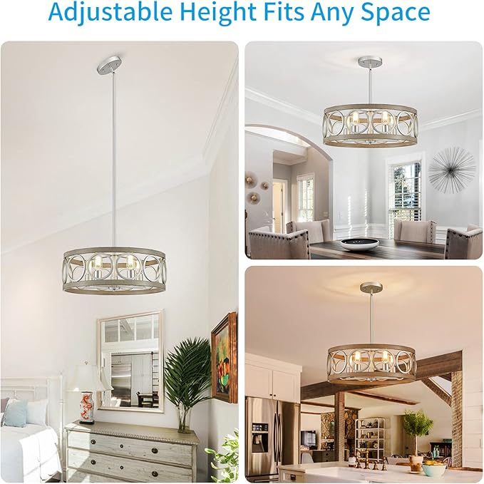 XINGQI 21.7'' Modern Farmhouse Chandelier Drum Pendant Lighting Fixture Hanging Ceiling Lamp for Living Dining Room Over Table, 5 Lights Antique Wood Grain Brushed Nickel with Round Metal-Ruum Studio Home