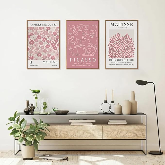 HLNIUC Matisse Pink Wall Art,Neutral Pink Flower Framed Canvas Wall Decor Set of 3(16”x24’) Modern Aesthetic Pictures Wall Painting,Abstract Flower Market Art Print for Living Room,Bedroom-Ruum Studio Home