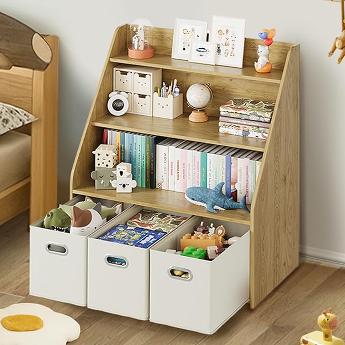Kids Bookshelf and Toy Organizer, 3-Tier Toy Storage Organizer with 3 Movable Drawers, Montessori Toy Shelf, Nursery Book Shelves Toddler Bookshelf for Kids Room Living Room Nursery-Ruum Studio Home