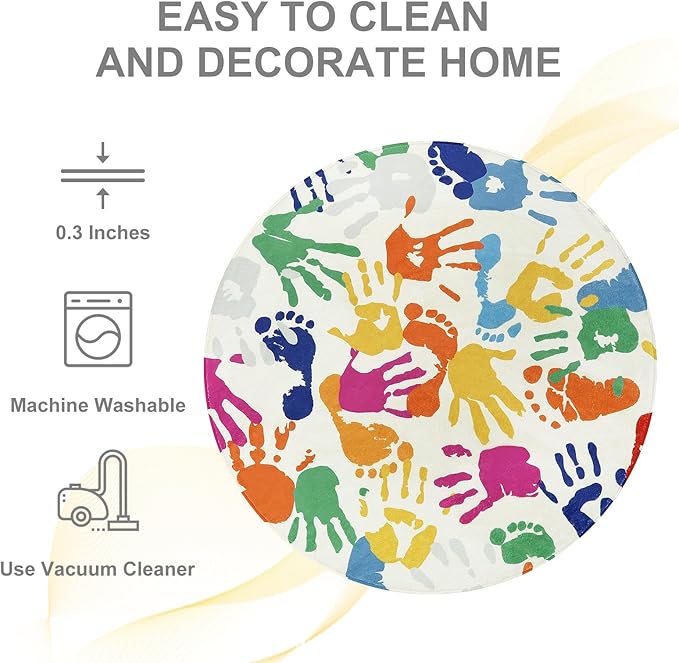 STARUIA Colorful Round Kids Rug 5 Ft, Machine Washable Rug for Playroom, Non-Slip Circle Rugs for Classroom, Soft Circular Carpet Handprints and Footprints Play Mat for Nursery Bedroom Preschool-Ruum Studio Home