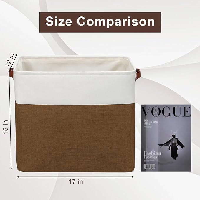 Large Fabric Storage Baskets | 50L Storage Bins, Decorative Linen Closet Baskets with Handles for Organizing, Shelf, Toys, Clothes, Home, Office, Nursery, 17x12x15Inches (Brown&White)-Ruum Studio Home