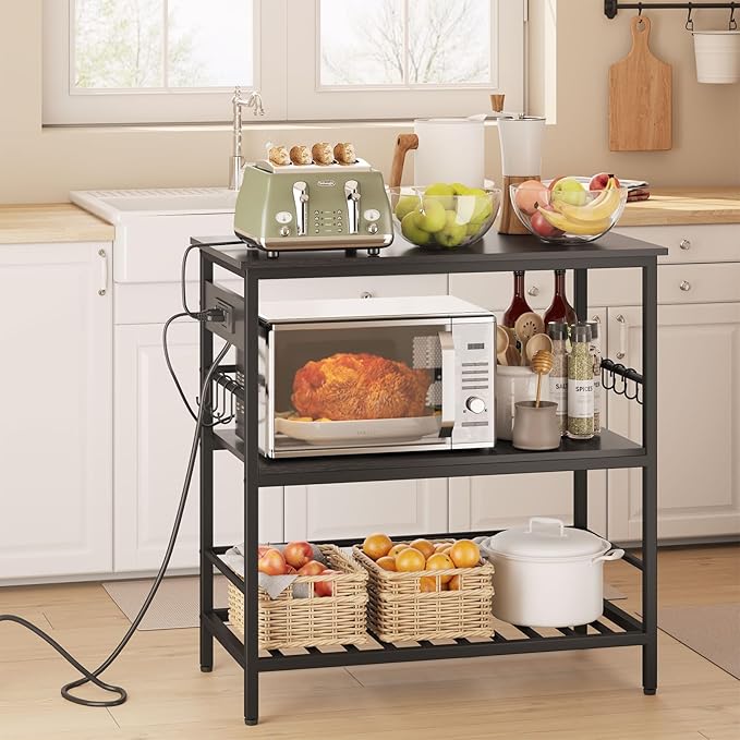 IBUYKE Kitchen Island with Storage, Bakers Rack with Power Outlet,Microwave Stand with Large Worktop,Rolling Bar Cart for Home, Outdoor, Kitchen,Black TMJ029B-Ruum Studio Home